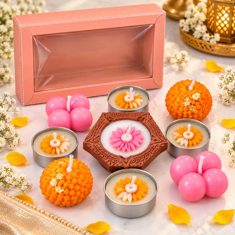Floral Delight Decorative Candle Gift Set – Pink & Orange (9 Pieces)