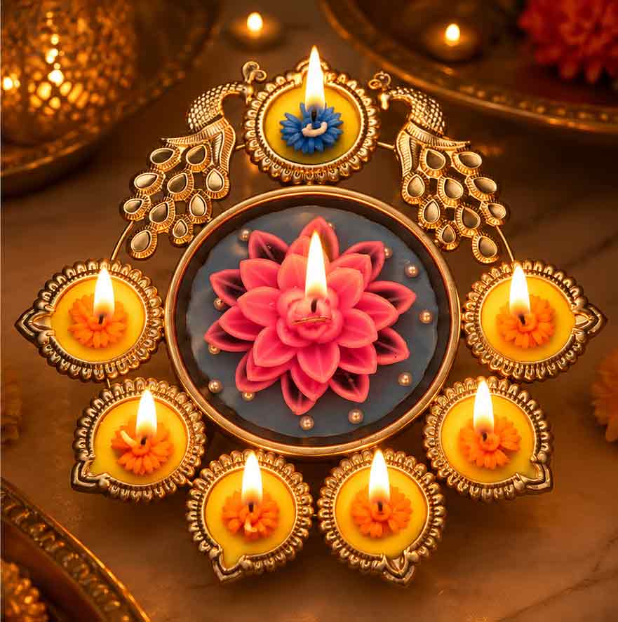 Decorative Lotus Diya Candle Sett